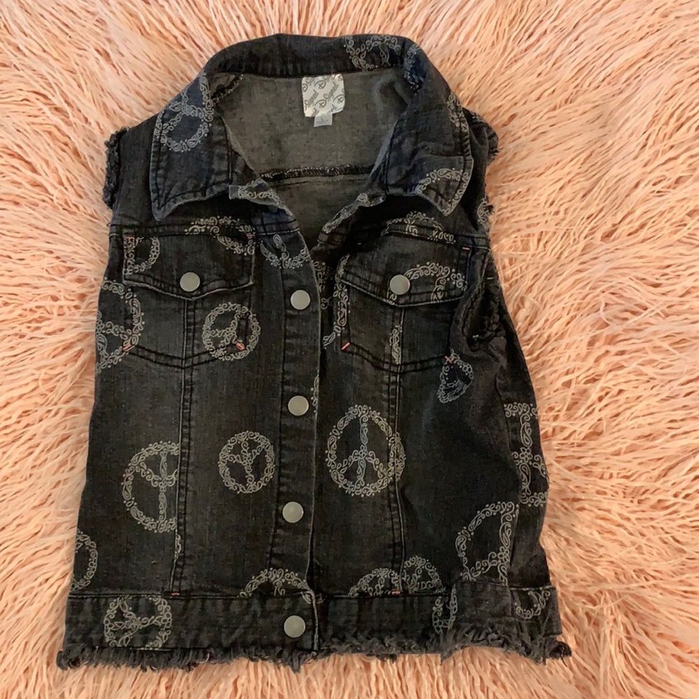 Girls Black Peace Sign Denim Vest